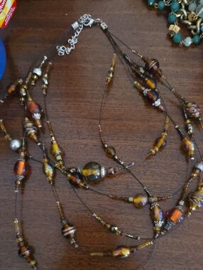 Multi-Strand Glass Bead Necklace - Brown & Gold